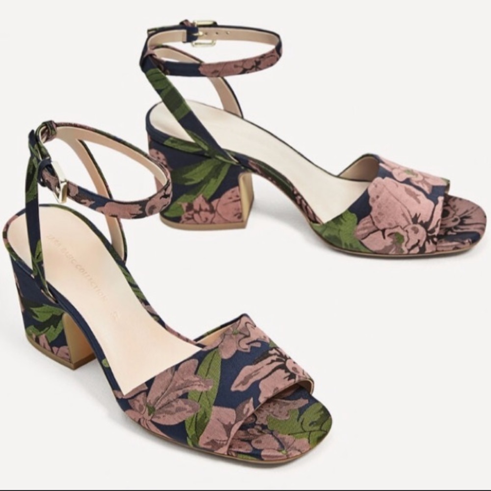 Zara Basic Collection Flower & Leaf Print Peep Toe Sandals Heels
